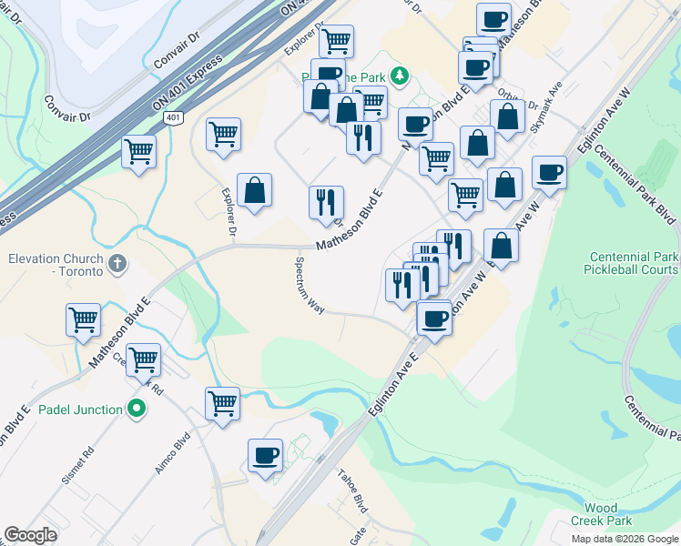 map of restaurants, bars, coffee shops, grocery stores, and more near 5155 Spectrum Way in Mississauga