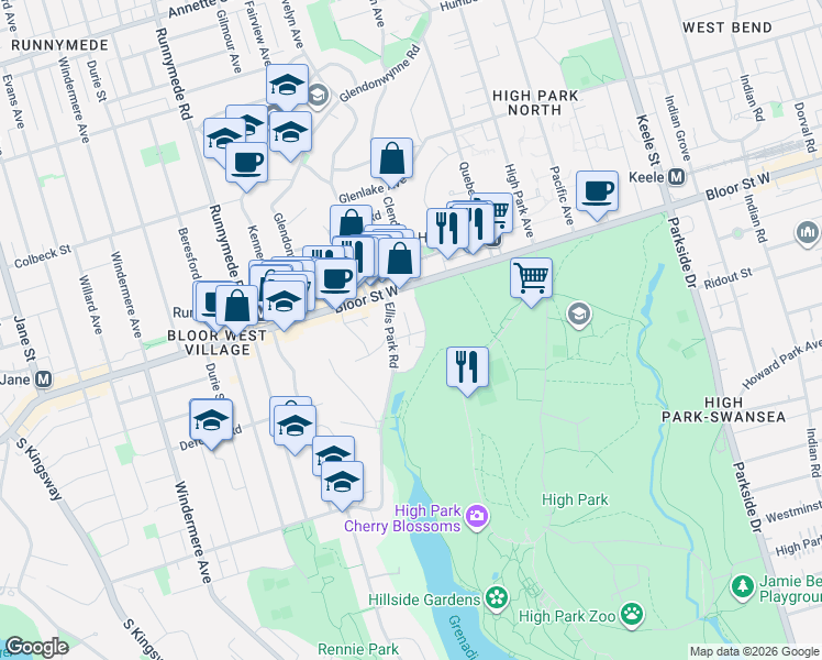 map of restaurants, bars, coffee shops, grocery stores, and more near 8 Wendigo Way in Toronto