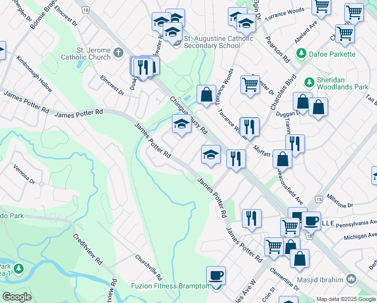 map of restaurants, bars, coffee shops, grocery stores, and more near 19 Seastar Road in Brampton