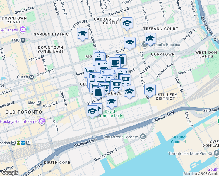 map of restaurants, bars, coffee shops, grocery stores, and more near 257 King Street East in Toronto