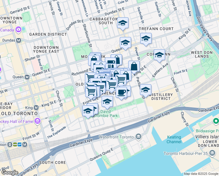 map of restaurants, bars, coffee shops, grocery stores, and more near 311 King Street East in Toronto