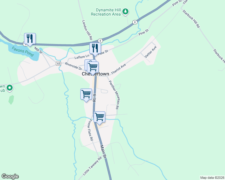 map of restaurants, bars, coffee shops, grocery stores, and more near 77 Panther Mountain Road in Chestertown