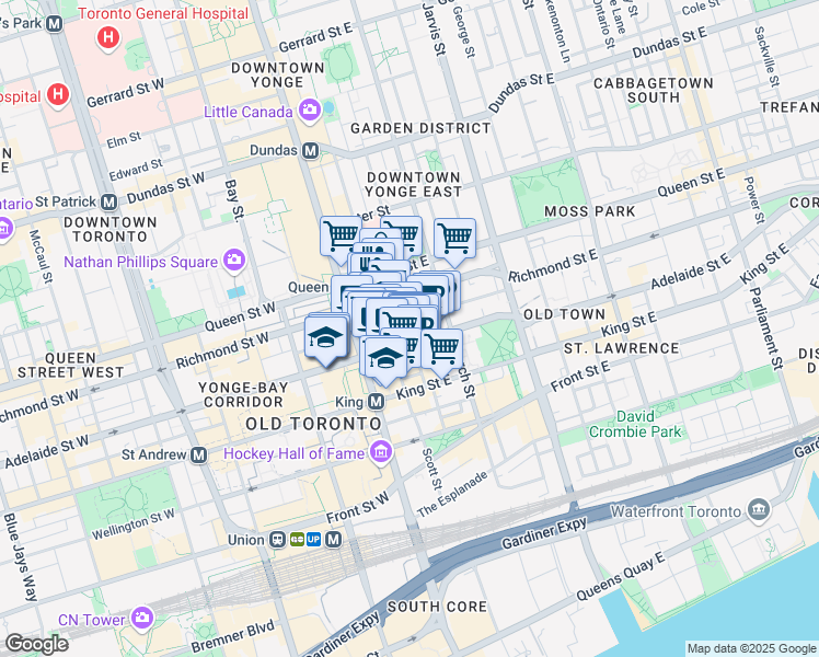 map of restaurants, bars, coffee shops, grocery stores, and more near 30 Adelaide Street East in Toronto