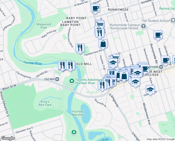 map of restaurants, bars, coffee shops, grocery stores, and more near 87 Old Mill Drive in Toronto