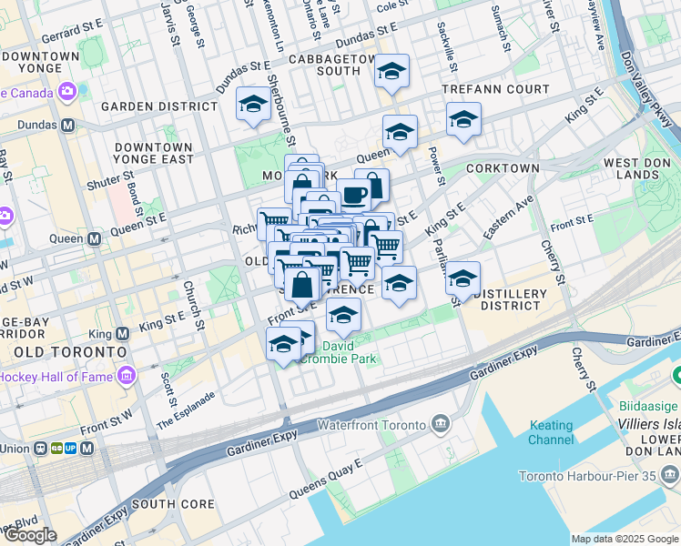 map of restaurants, bars, coffee shops, grocery stores, and more near 263 King Street East in Toronto