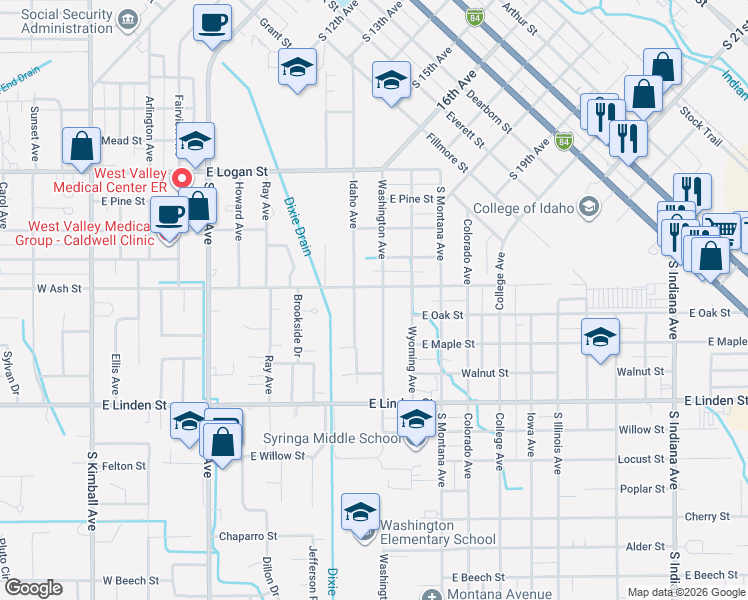 map of restaurants, bars, coffee shops, grocery stores, and more near 1004 East Ash Street in Caldwell