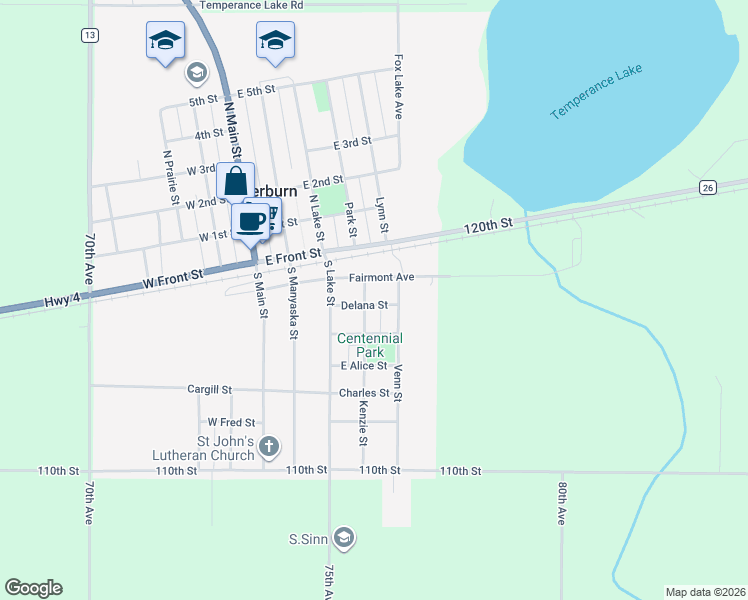 map of restaurants, bars, coffee shops, grocery stores, and more near 304 Fairmont Avenue in Sherburn