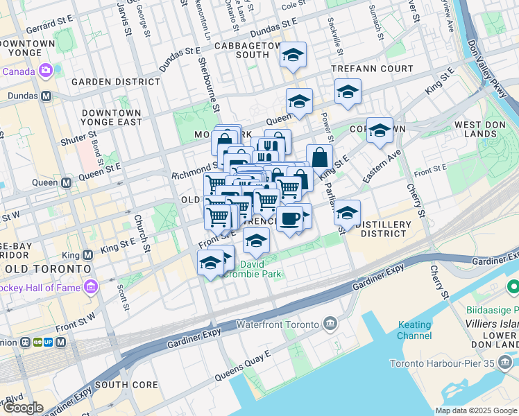 map of restaurants, bars, coffee shops, grocery stores, and more near 138 Princess Street in Toronto