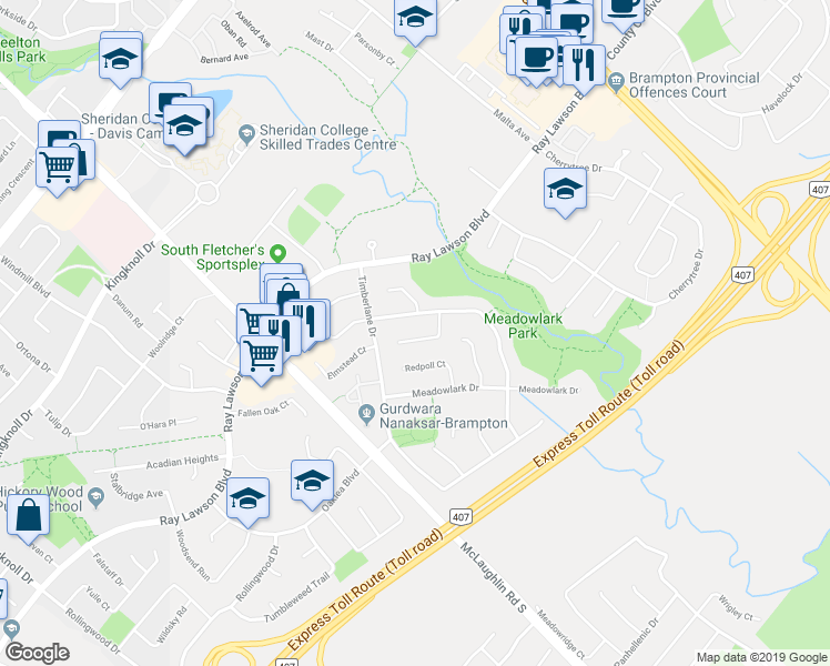 map of restaurants, bars, coffee shops, grocery stores, and more near 62 Woodside Court in Brampton