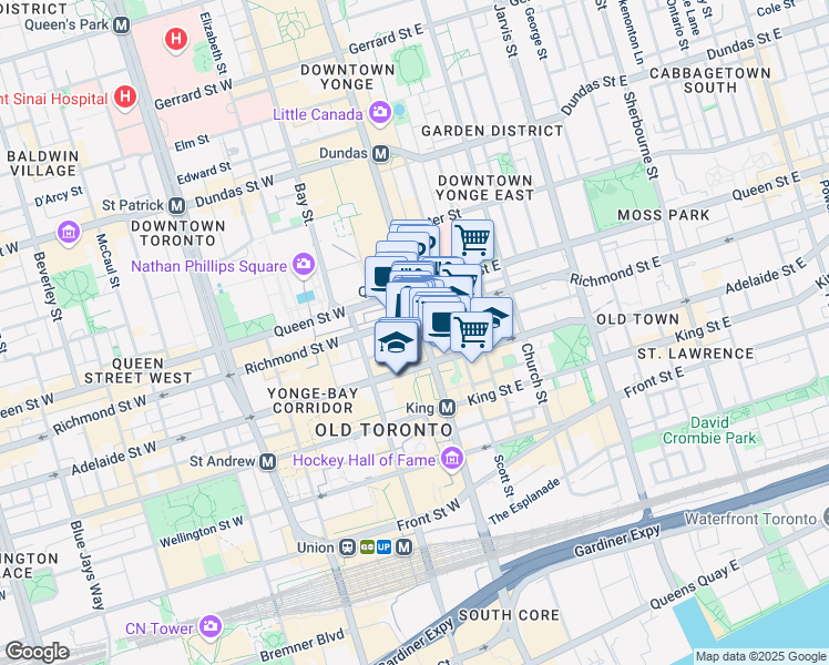 map of restaurants, bars, coffee shops, grocery stores, and more near 132 Yonge Street in Toronto