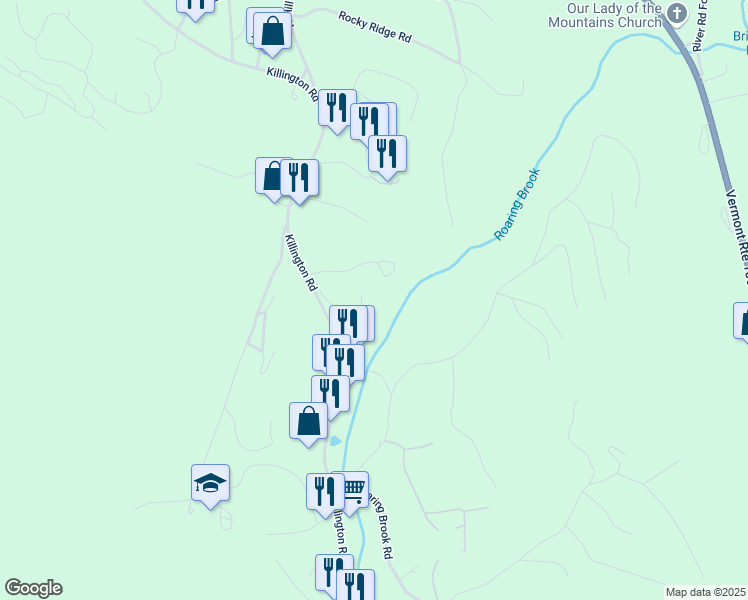 map of restaurants, bars, coffee shops, grocery stores, and more near 174 Mountain View Drive in Killington