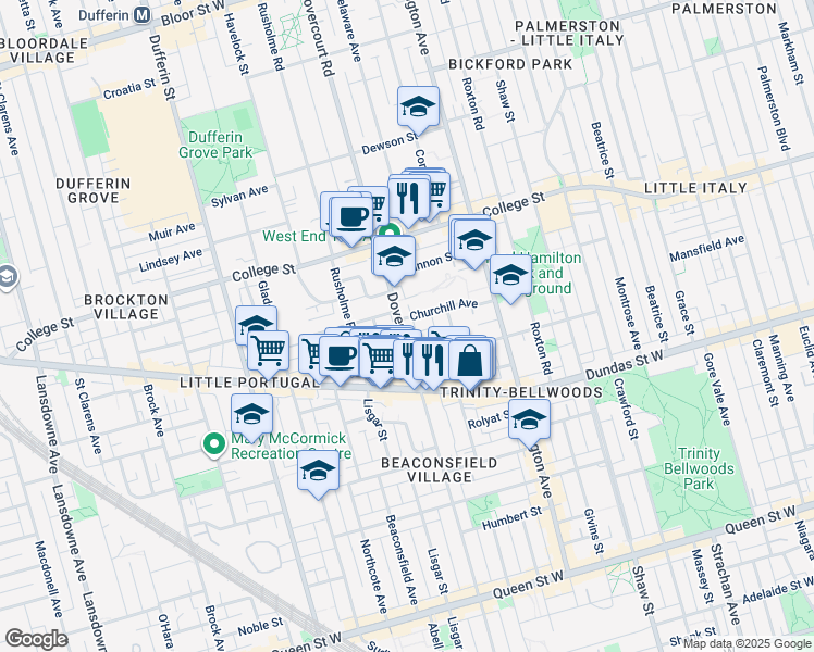 map of restaurants, bars, coffee shops, grocery stores, and more near in Toronto