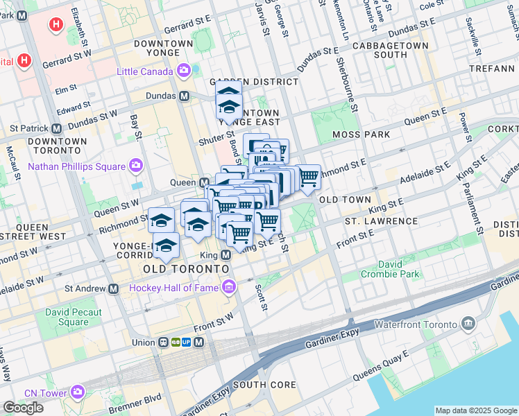 map of restaurants, bars, coffee shops, grocery stores, and more near 60 Adelaide Street East in Toronto