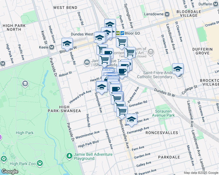 map of restaurants, bars, coffee shops, grocery stores, and more near in Toronto