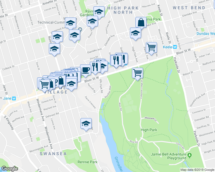 map of restaurants, bars, coffee shops, grocery stores, and more near 8 Wendigo Way in Toronto