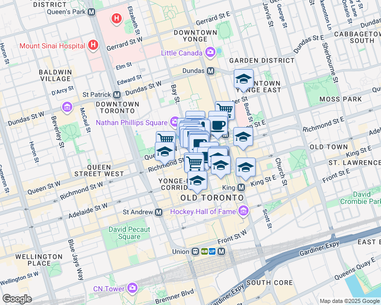 map of restaurants, bars, coffee shops, grocery stores, and more near 394 Bay Street in Toronto