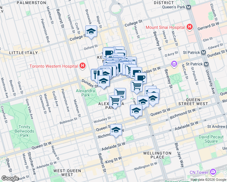 map of restaurants, bars, coffee shops, grocery stores, and more near 168 Grange Avenue in Toronto