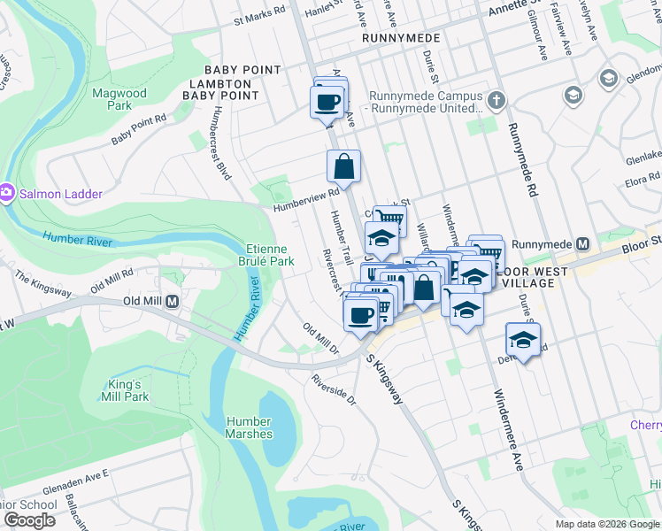 map of restaurants, bars, coffee shops, grocery stores, and more near Rivercrest Road in Toronto