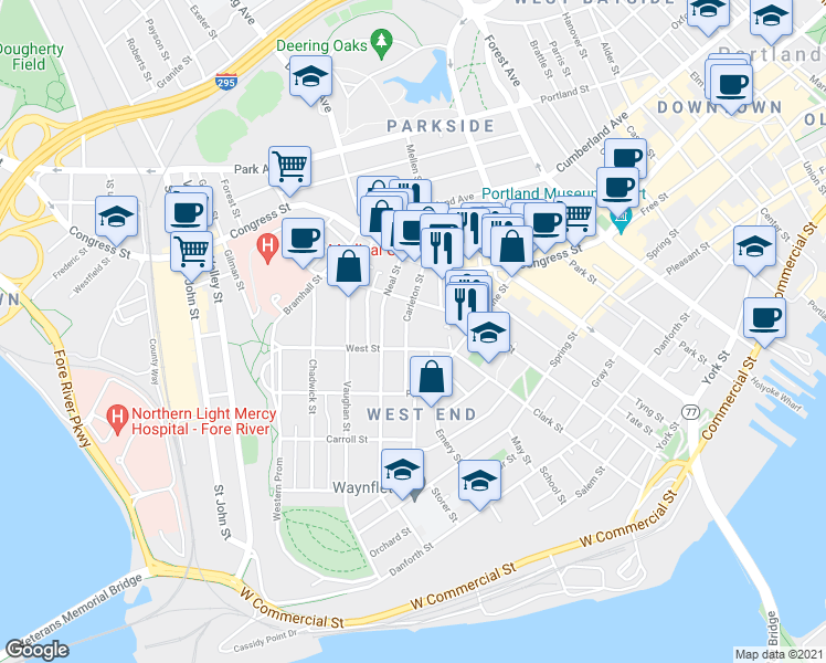 map of restaurants, bars, coffee shops, grocery stores, and more near 43 Carleton Street in Portland