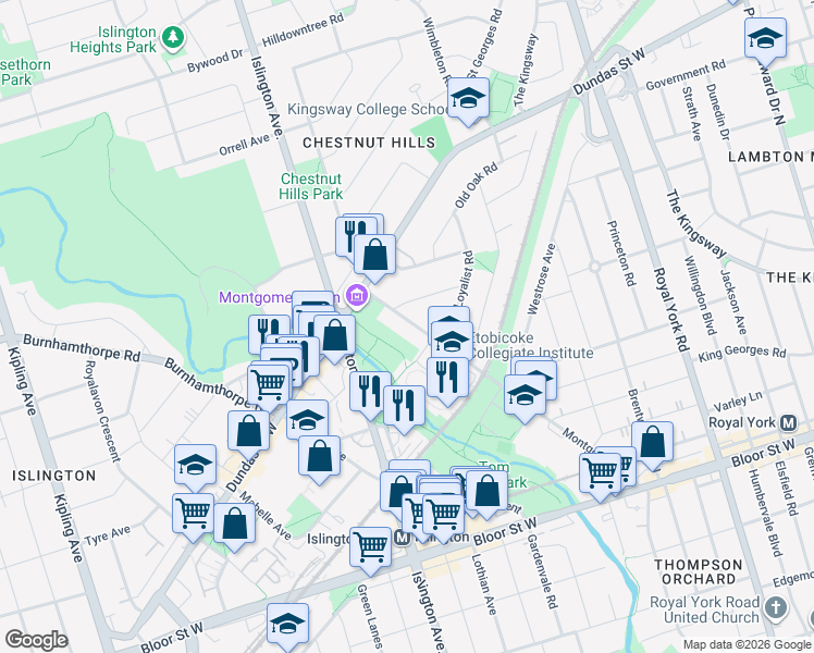 map of restaurants, bars, coffee shops, grocery stores, and more near 100 Montgomery Road in Toronto