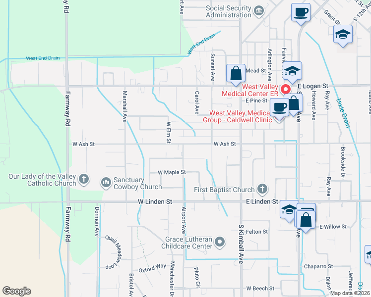 map of restaurants, bars, coffee shops, grocery stores, and more near 2105 Airport Avenue in Caldwell