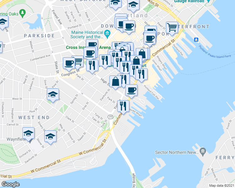 map of restaurants, bars, coffee shops, grocery stores, and more near 27 High Street in Portland
