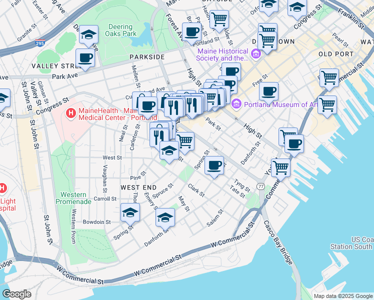 map of restaurants, bars, coffee shops, grocery stores, and more near 144 Maine 77 in Portland
