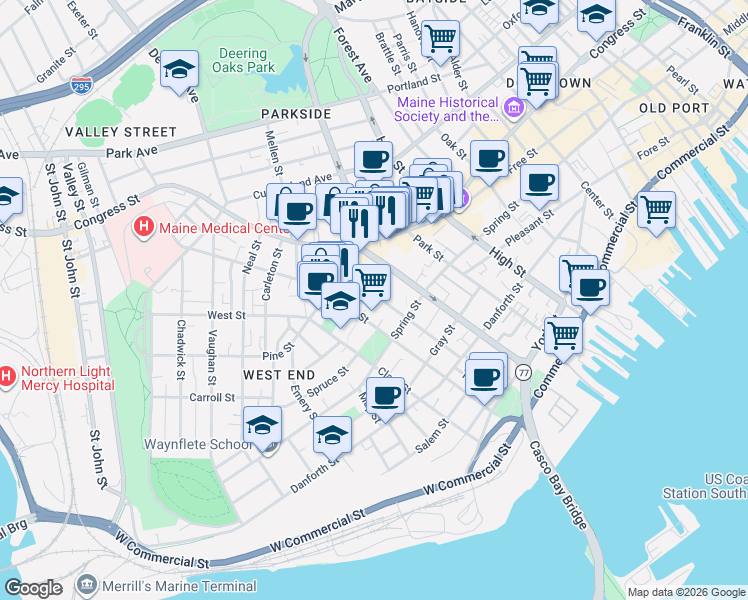map of restaurants, bars, coffee shops, grocery stores, and more near 144 Maine 77 in Portland