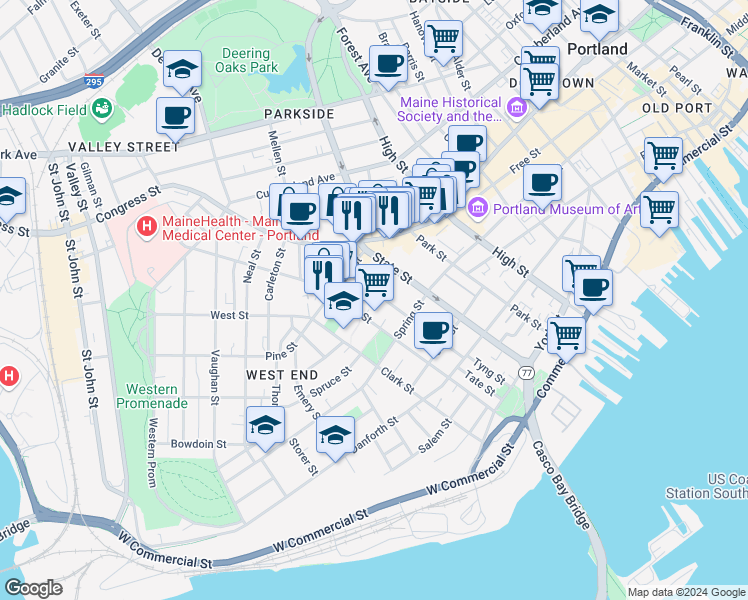 map of restaurants, bars, coffee shops, grocery stores, and more near 144 Maine 77 in Portland