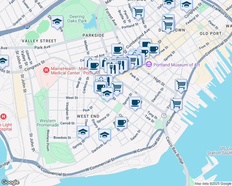 map of restaurants, bars, coffee shops, grocery stores, and more near 144 Maine 77 in Portland