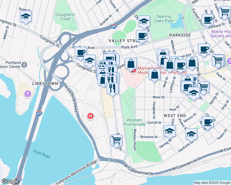 map of restaurants, bars, coffee shops, grocery stores, and more near 221 Valley Street in Portland