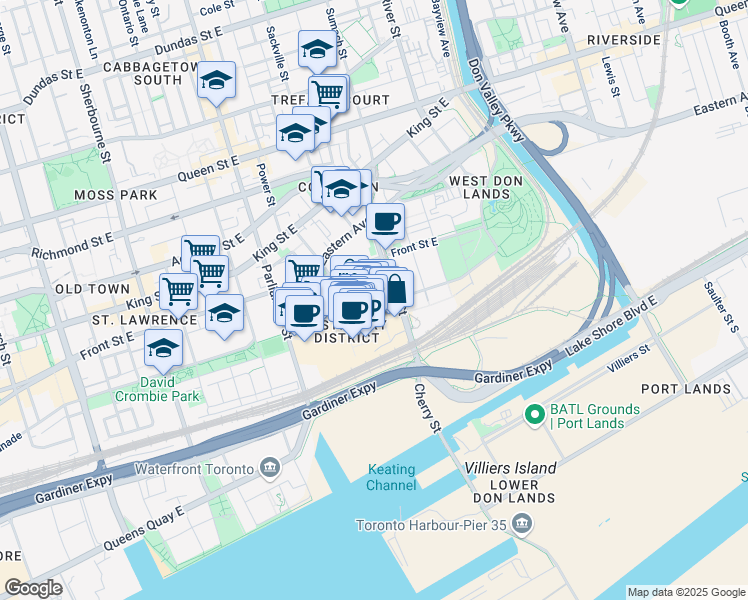 map of restaurants, bars, coffee shops, grocery stores, and more near 50 Tank House Lane in Toronto