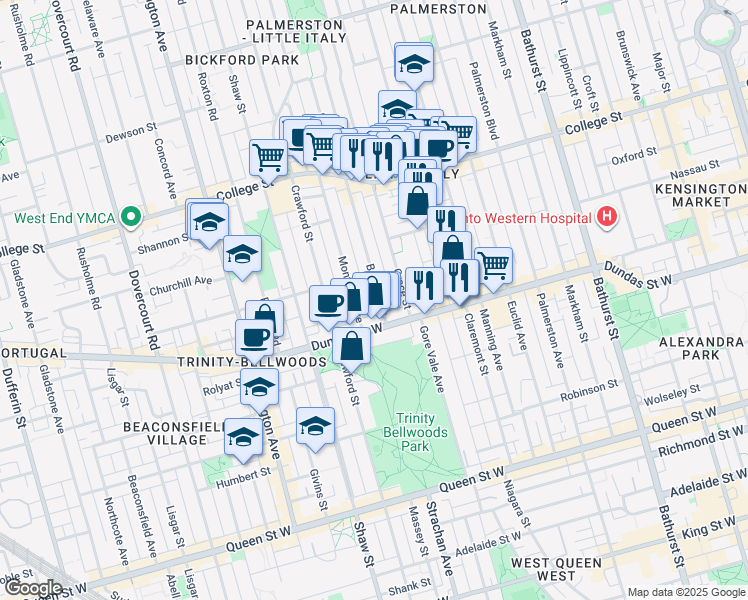 map of restaurants, bars, coffee shops, grocery stores, and more near in Toronto