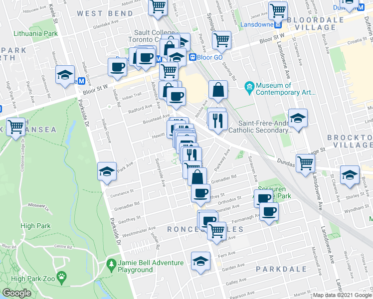 map of restaurants, bars, coffee shops, grocery stores, and more near in Toronto