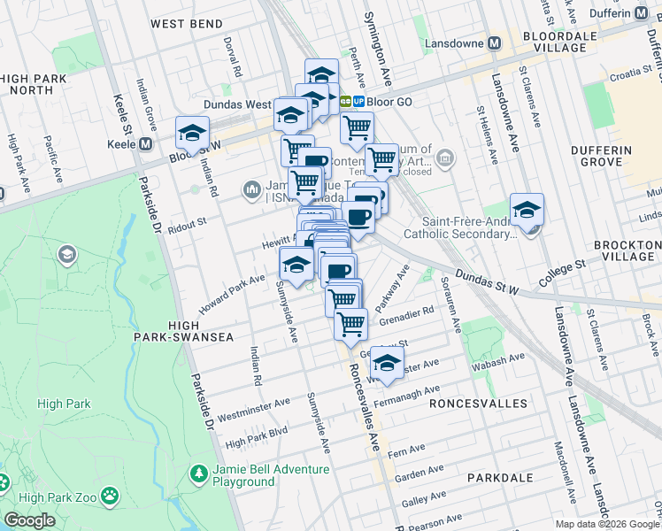 map of restaurants, bars, coffee shops, grocery stores, and more near in Toronto