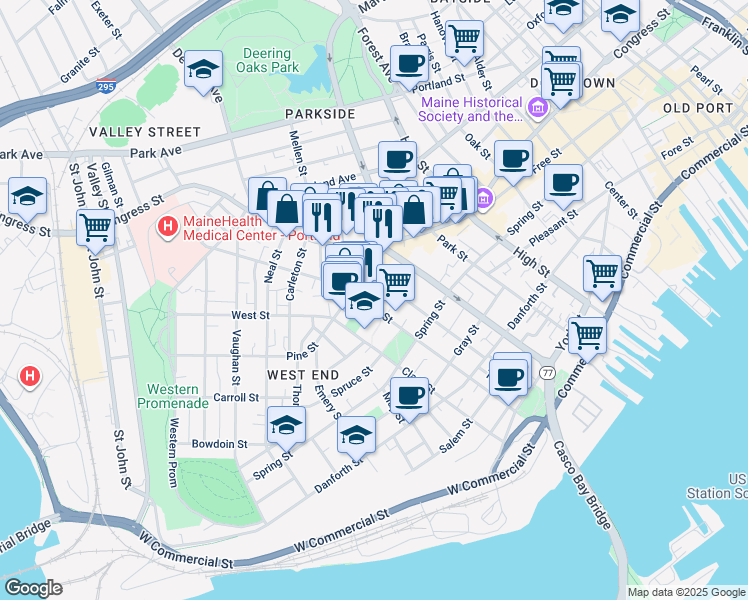 map of restaurants, bars, coffee shops, grocery stores, and more near 183 Brackett Street in Portland