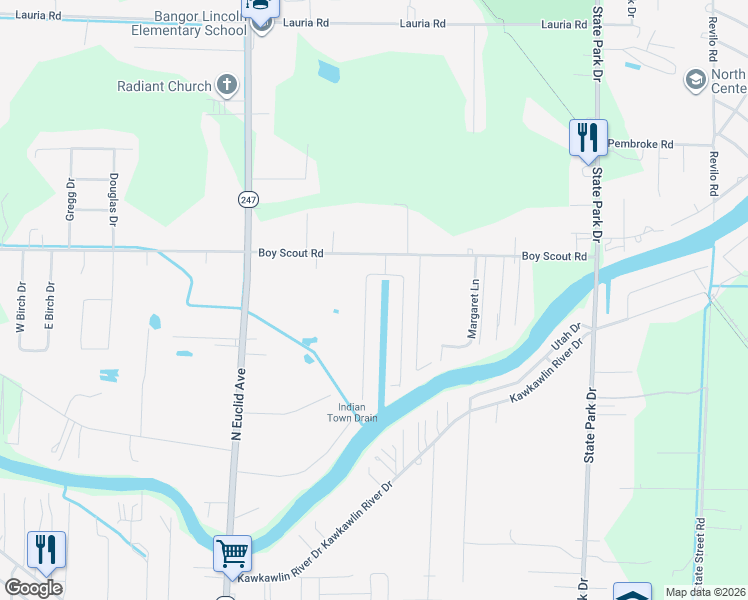 map of restaurants, bars, coffee shops, grocery stores, and more near 3031 West Riverview Drive in Bay City