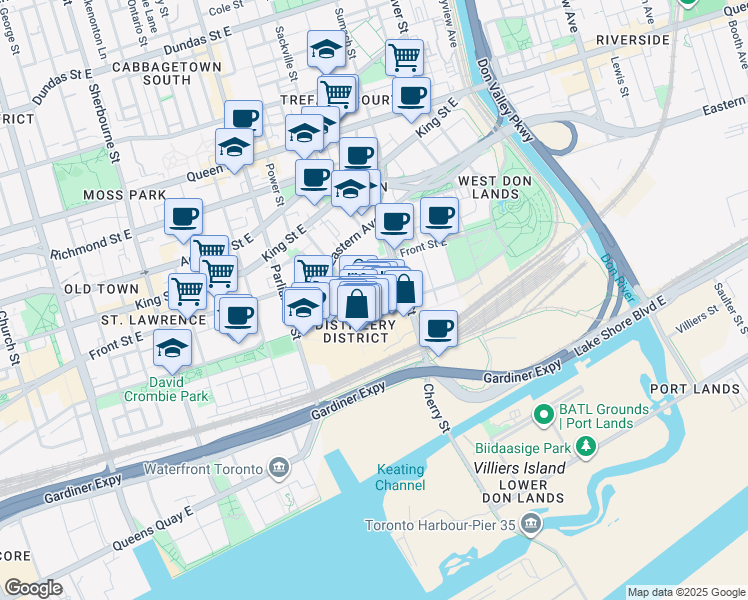 map of restaurants, bars, coffee shops, grocery stores, and more near 70 Mill Street in Toronto
