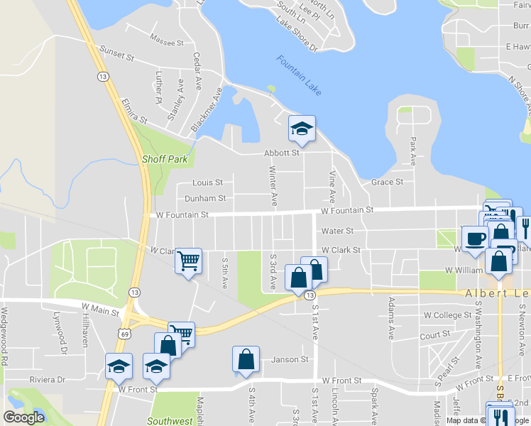 map of restaurants, bars, coffee shops, grocery stores, and more near 1024 West Fountain Street in Albert Lea