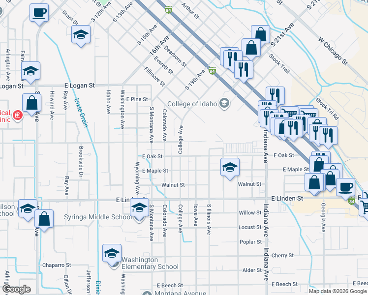 map of restaurants, bars, coffee shops, grocery stores, and more near 2107 College Avenue in Caldwell