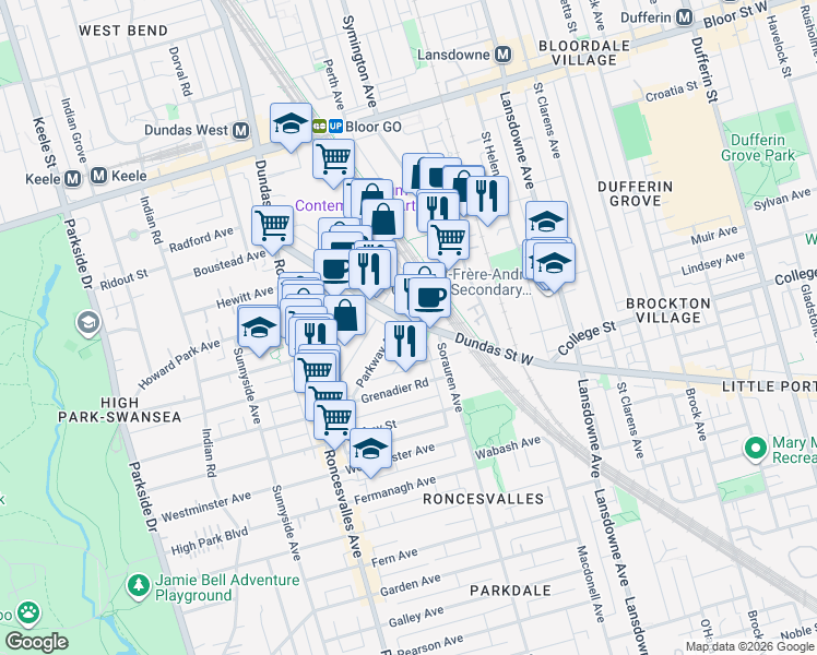map of restaurants, bars, coffee shops, grocery stores, and more near 2011 Dundas Street West in Toronto