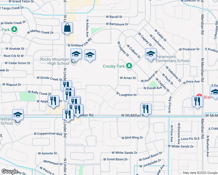 map of restaurants, bars, coffee shops, grocery stores, and more near 1085 West Laughton Drive in Meridian