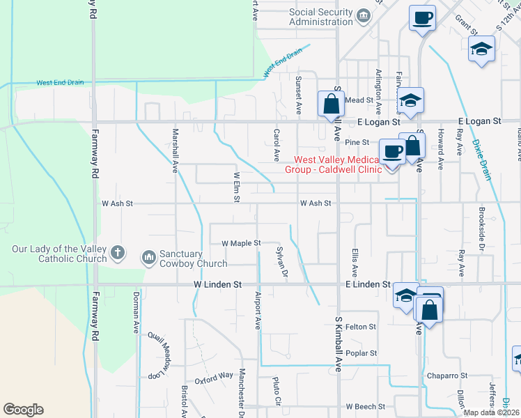 map of restaurants, bars, coffee shops, grocery stores, and more near 2105 Airport Avenue in Caldwell