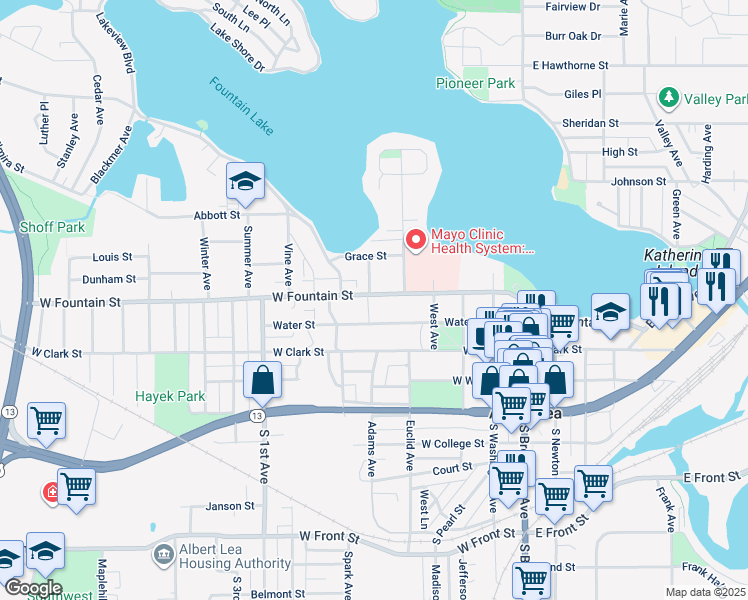 map of restaurants, bars, coffee shops, grocery stores, and more near 529 West Fountain Street in Albert Lea