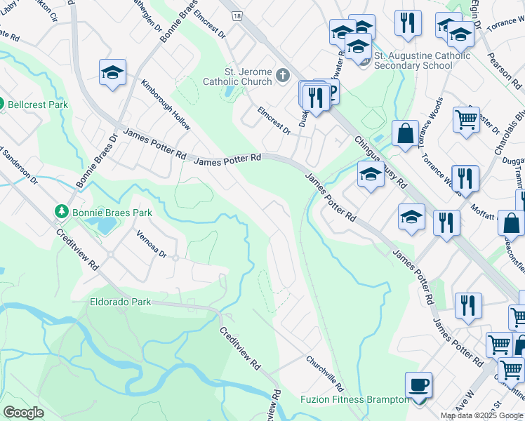 map of restaurants, bars, coffee shops, grocery stores, and more near Leadership Drive in Brampton