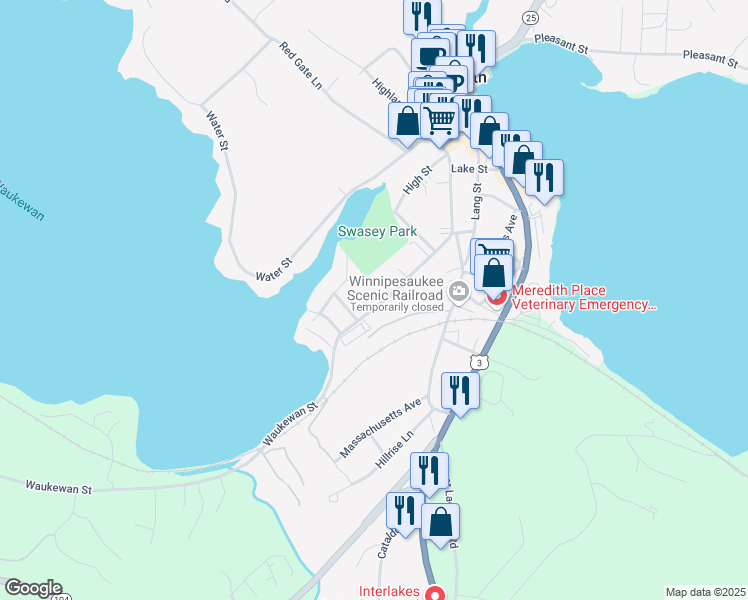 map of restaurants, bars, coffee shops, grocery stores, and more near 33 Waukewan Street in Meredith