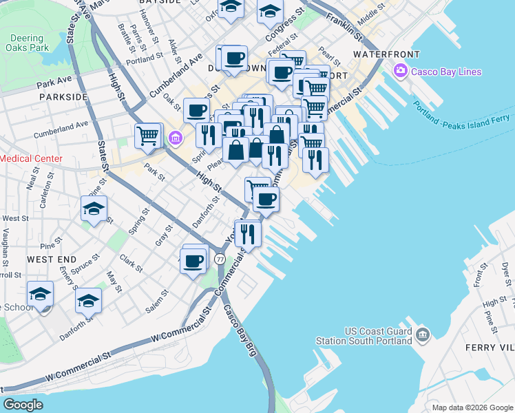 map of restaurants, bars, coffee shops, grocery stores, and more near 383 Commercial Street in Portland