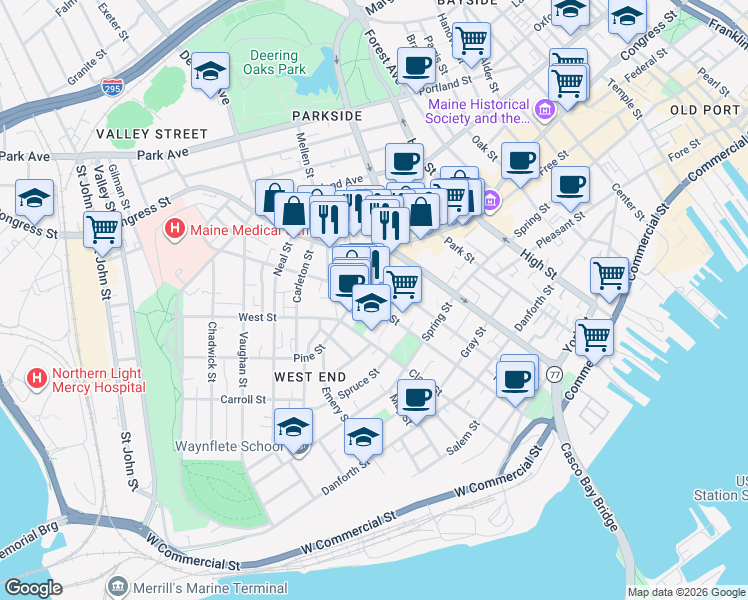 map of restaurants, bars, coffee shops, grocery stores, and more near 189 Brackett Street in Portland