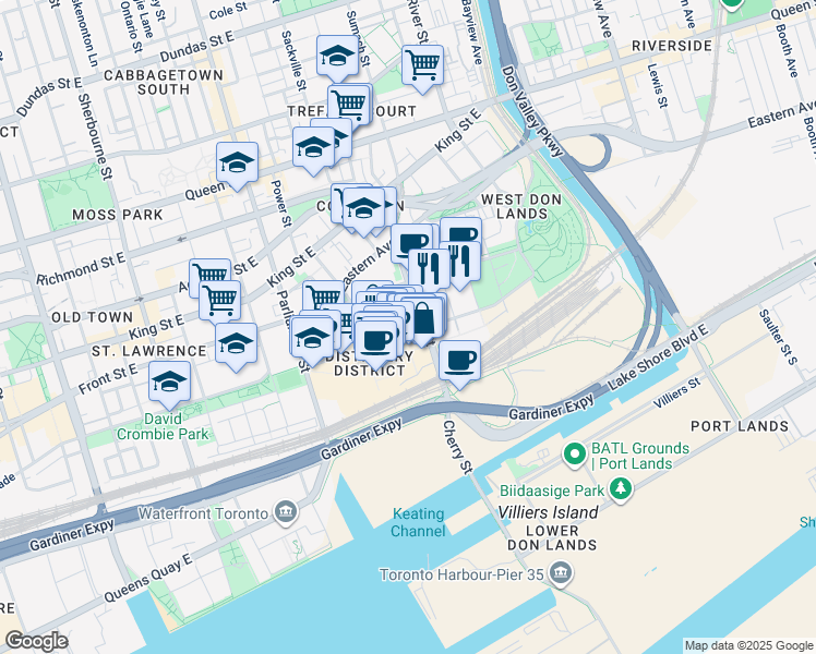 map of restaurants, bars, coffee shops, grocery stores, and more near 80 Mill Street in Toronto