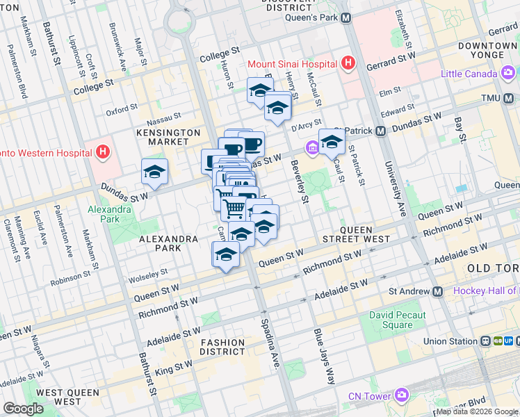 map of restaurants, bars, coffee shops, grocery stores, and more near 46 Sullivan Street in Toronto